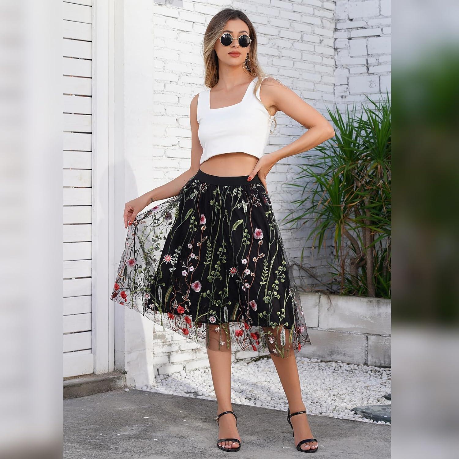 imageIDOPIP Women Floral Embroidered Mesh Skirt Elegant Elastic Waist Tulle Midi Skirt Cocktail Party Layered A Line Skirt DressBlack