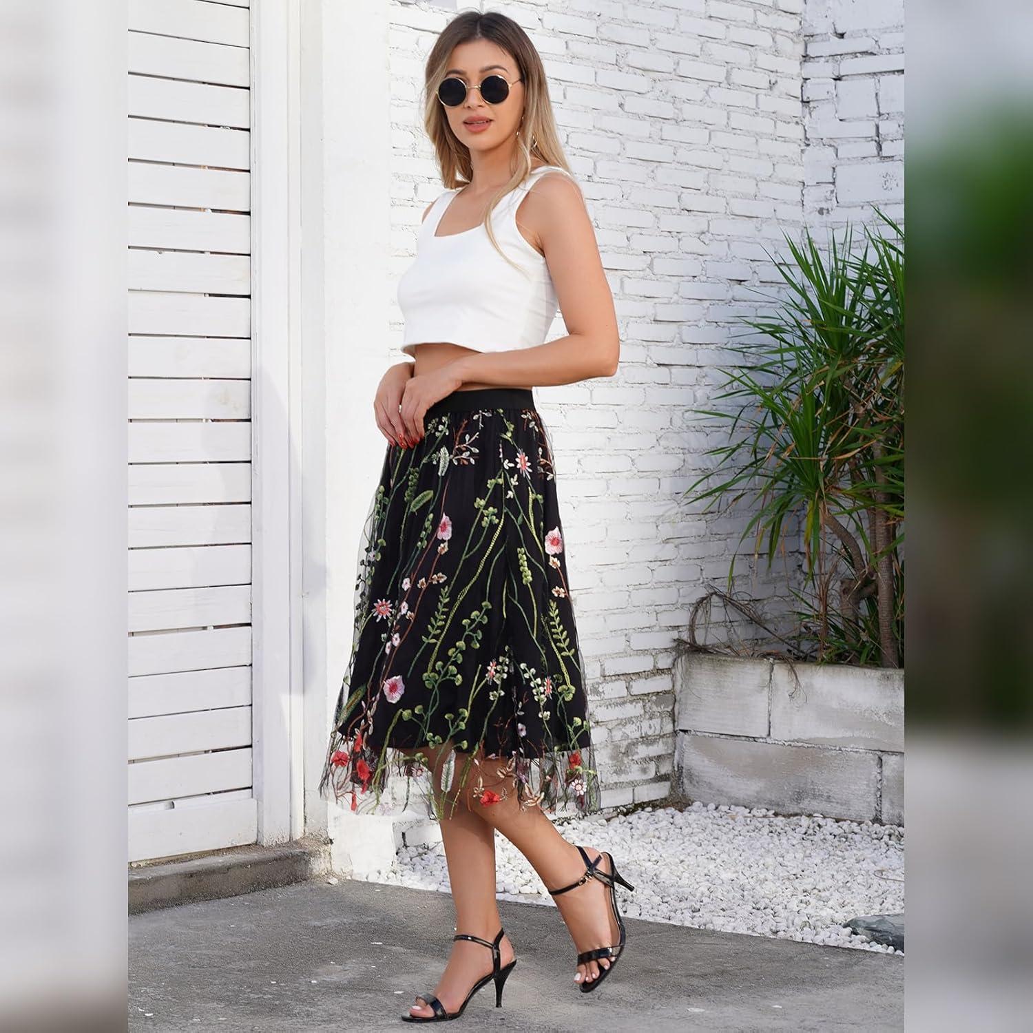 imageIDOPIP Women Floral Embroidered Mesh Skirt Elegant Elastic Waist Tulle Midi Skirt Cocktail Party Layered A Line Skirt DressBlack