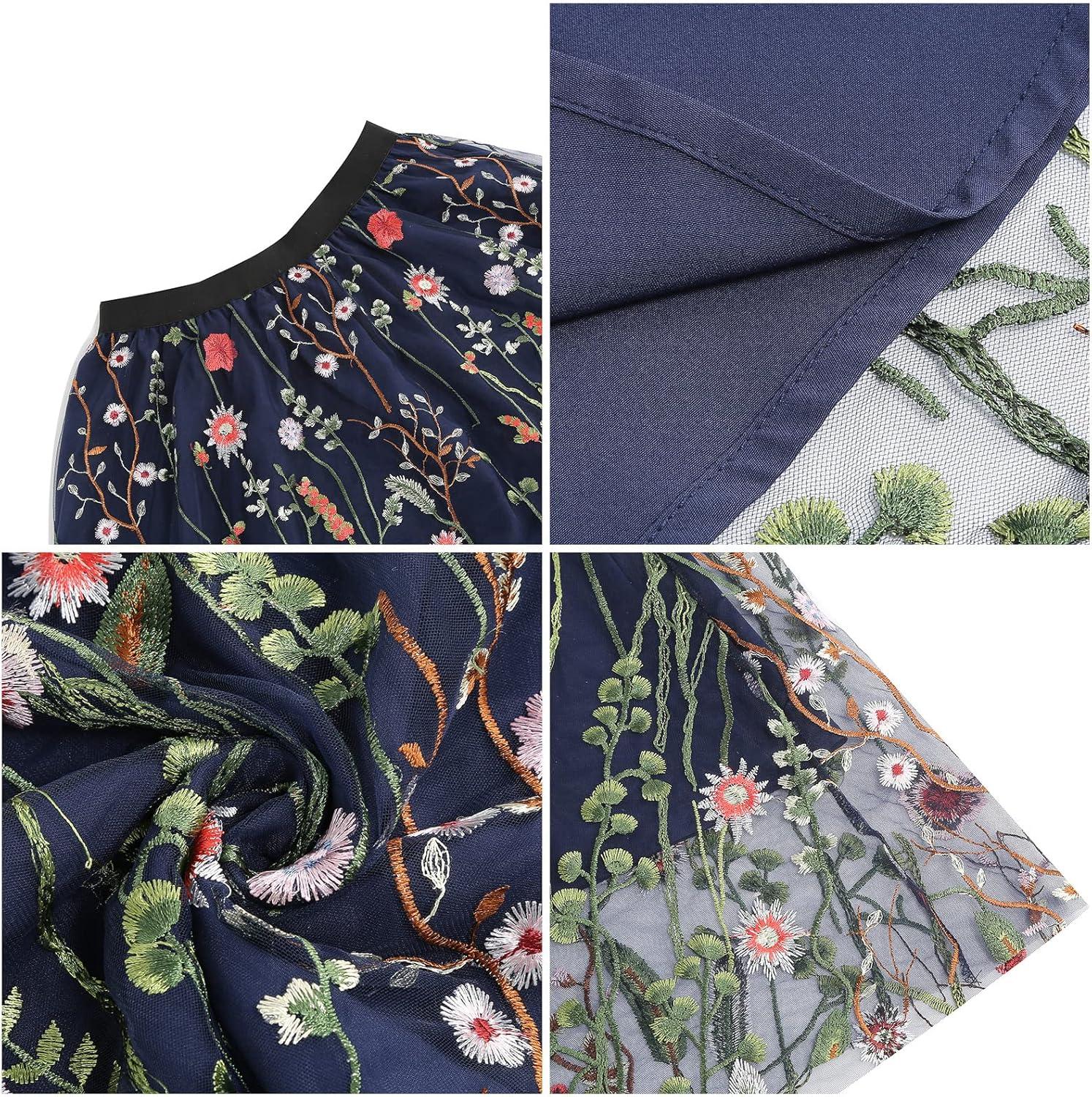 imageIDOPIP Women Floral Embroidered Mesh Skirt Elegant Elastic Waist Tulle Midi Skirt Cocktail Party Layered A Line Skirt DressBlue