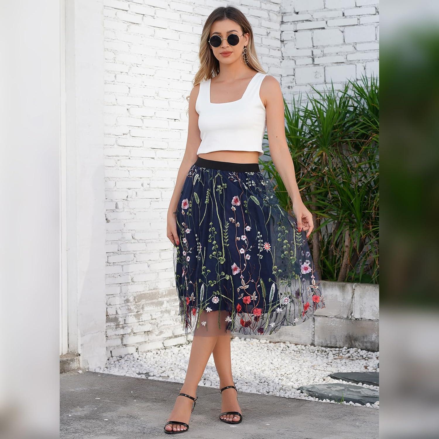 imageIDOPIP Women Floral Embroidered Mesh Skirt Elegant Elastic Waist Tulle Midi Skirt Cocktail Party Layered A Line Skirt DressBlue