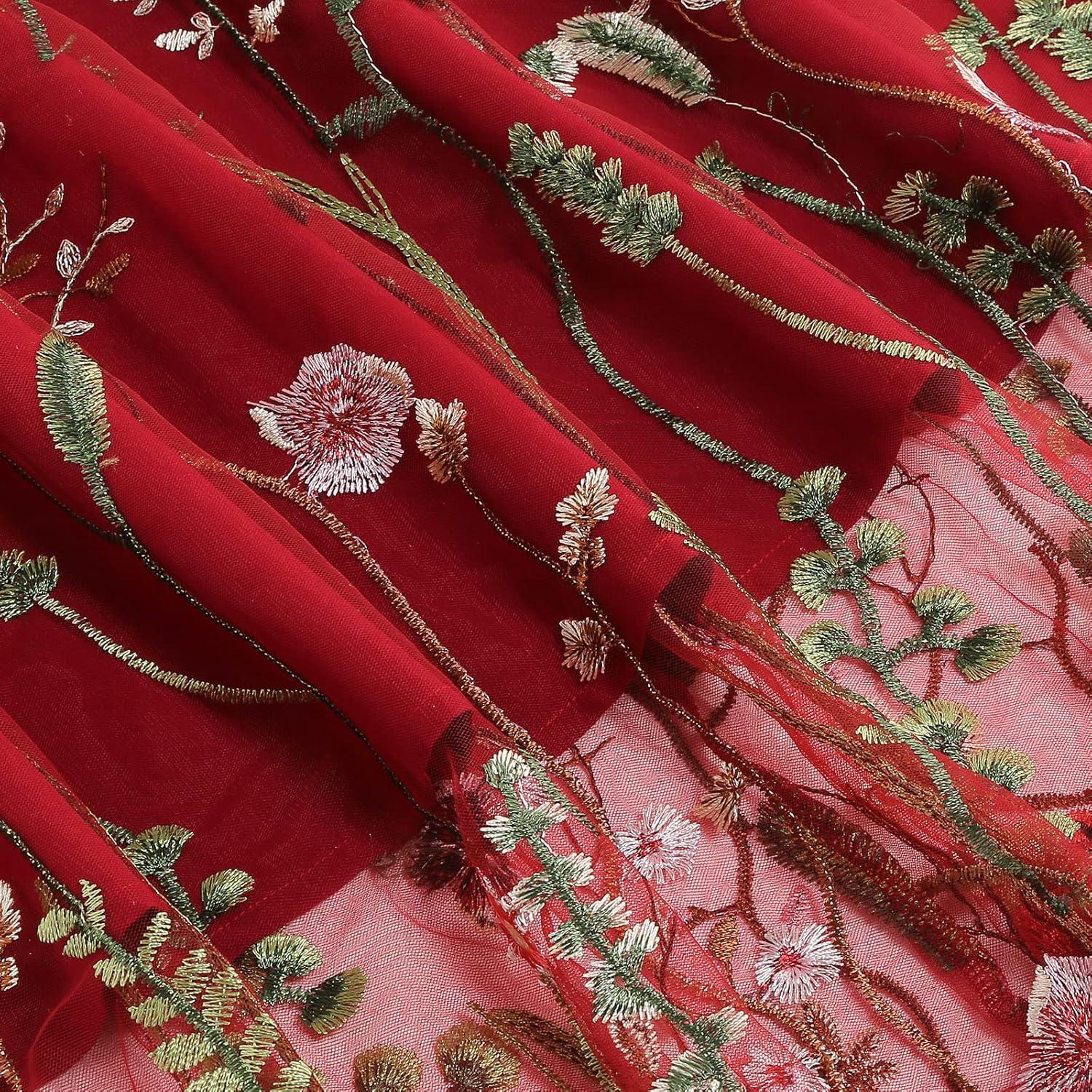imageIDOPIP Women Floral Embroidered Mesh Skirt Elegant Elastic Waist Tulle Midi Skirt Cocktail Party Layered A Line Skirt DressRed