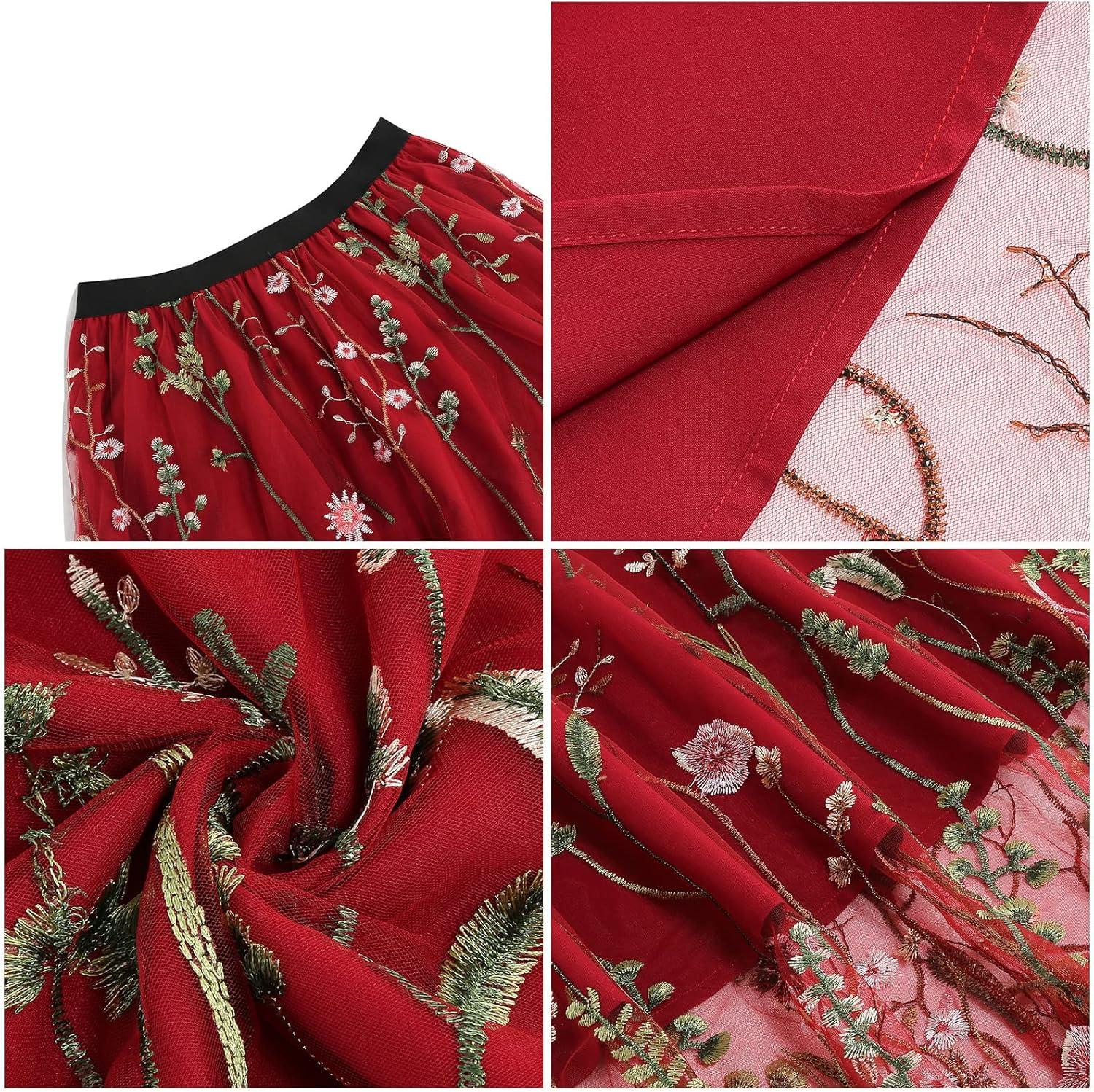 imageIDOPIP Women Floral Embroidered Mesh Skirt Elegant Elastic Waist Tulle Midi Skirt Cocktail Party Layered A Line Skirt DressRed