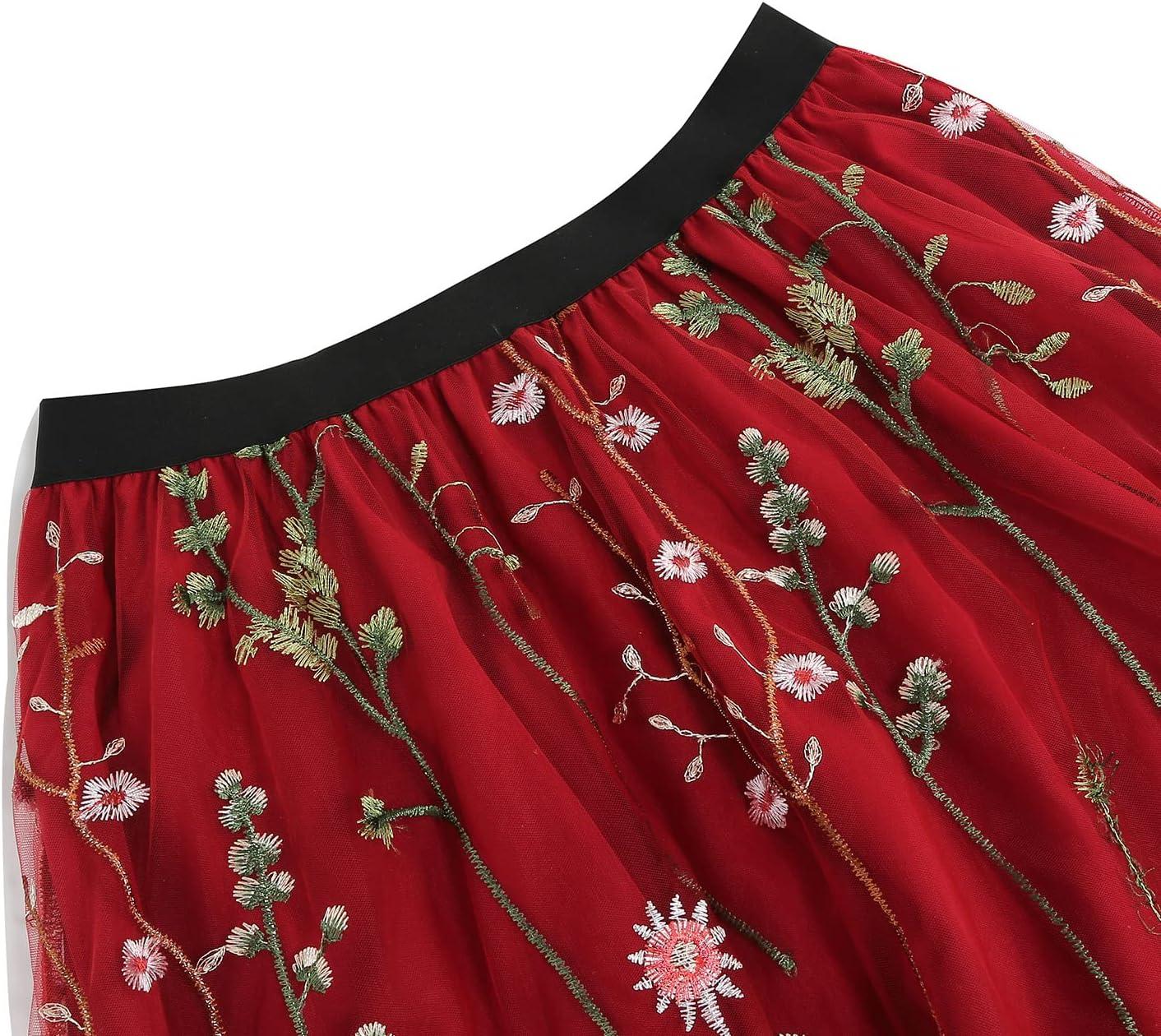 imageIDOPIP Women Floral Embroidered Mesh Skirt Elegant Elastic Waist Tulle Midi Skirt Cocktail Party Layered A Line Skirt DressRed