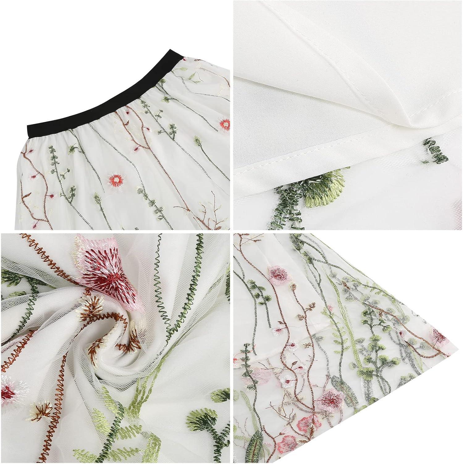 imageIDOPIP Women Floral Embroidered Mesh Skirt Elegant Elastic Waist Tulle Midi Skirt Cocktail Party Layered A Line Skirt DressWhite