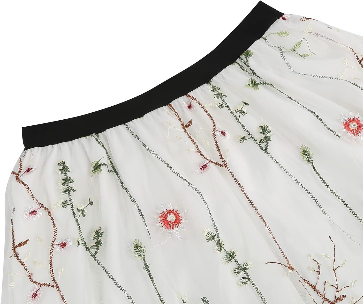 imageIDOPIP Women Floral Embroidered Mesh Skirt Elegant Elastic Waist Tulle Midi Skirt Cocktail Party Layered A Line Skirt DressWhite