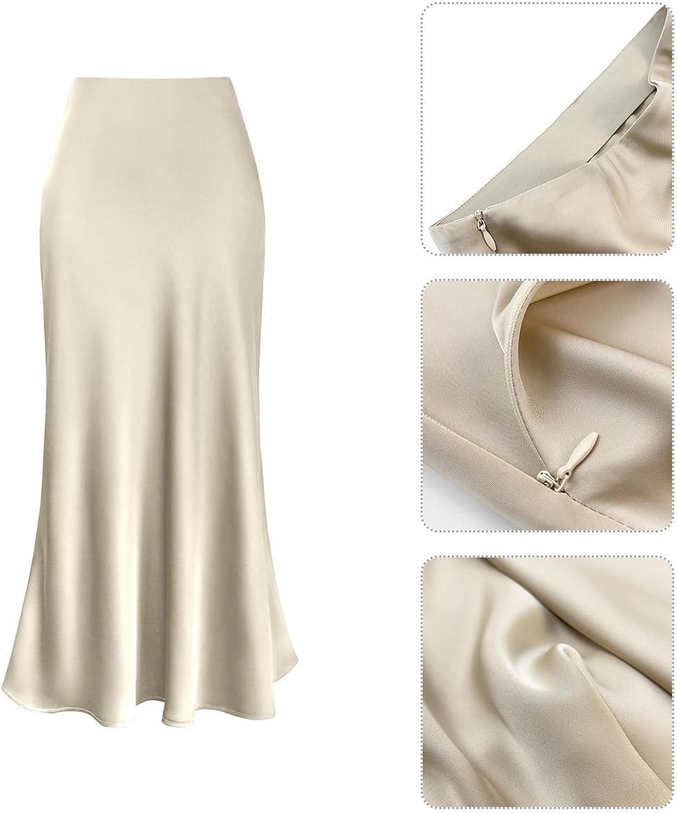 imageIDOPIP Women High Waist Satin Skirt Elegant Summer Long Maxi Skirt Formal Trendy Ruffle Work Skirts Elastic Casual Midi SkirtApricot