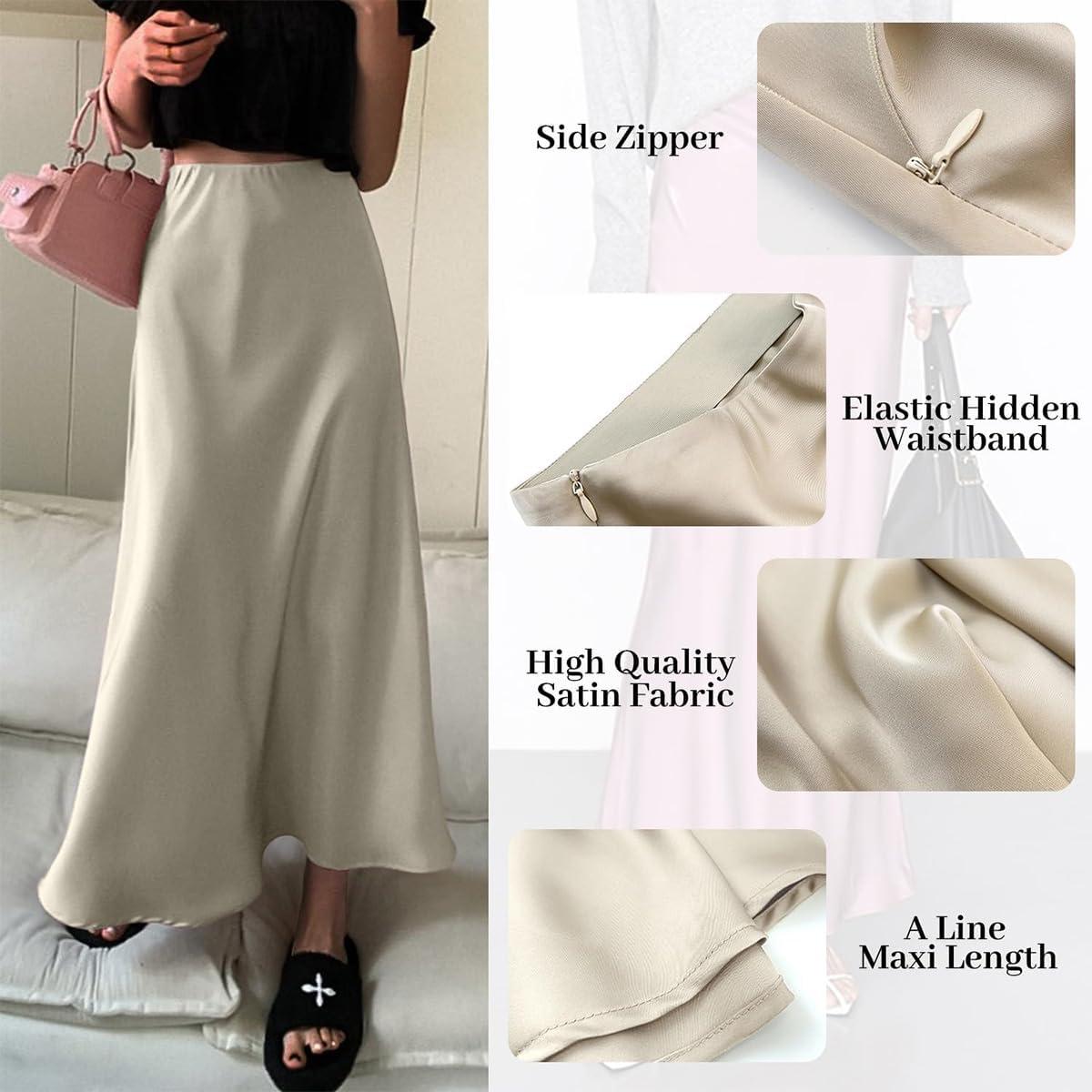 imageIDOPIP Women High Waist Satin Skirt Elegant Summer Long Maxi Skirt Formal Trendy Ruffle Work Skirts Elastic Casual Midi SkirtApricot