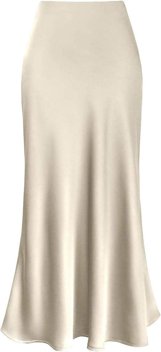 imageIDOPIP Women High Waist Satin Skirt Elegant Summer Long Maxi Skirt Formal Trendy Ruffle Work Skirts Elastic Casual Midi SkirtApricot