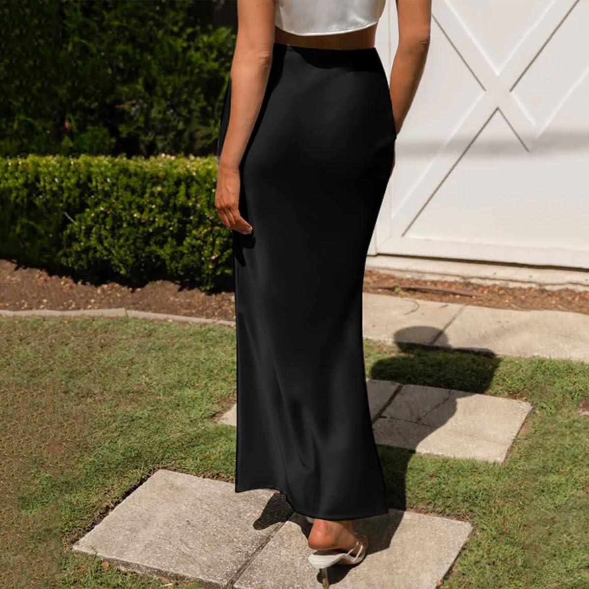 imageIDOPIP Women High Waist Satin Skirt Elegant Summer Long Maxi Skirt Formal Trendy Ruffle Work Skirts Elastic Casual Midi SkirtBlack