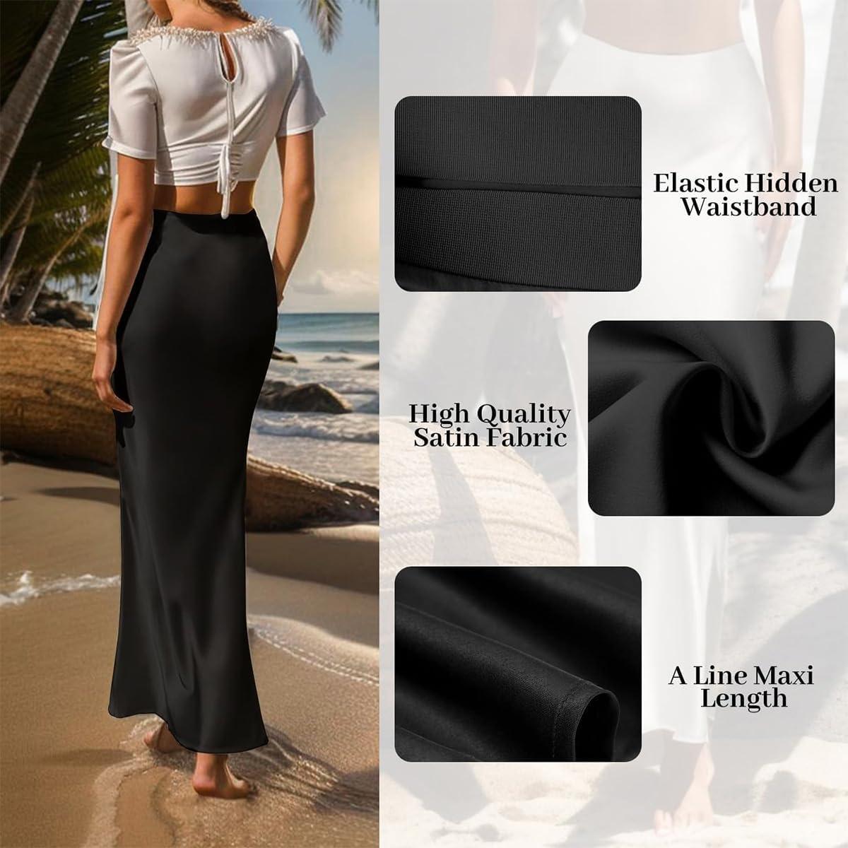 imageIDOPIP Women High Waist Satin Skirt Elegant Summer Long Maxi Skirt Formal Trendy Ruffle Work Skirts Elastic Casual Midi SkirtBlack