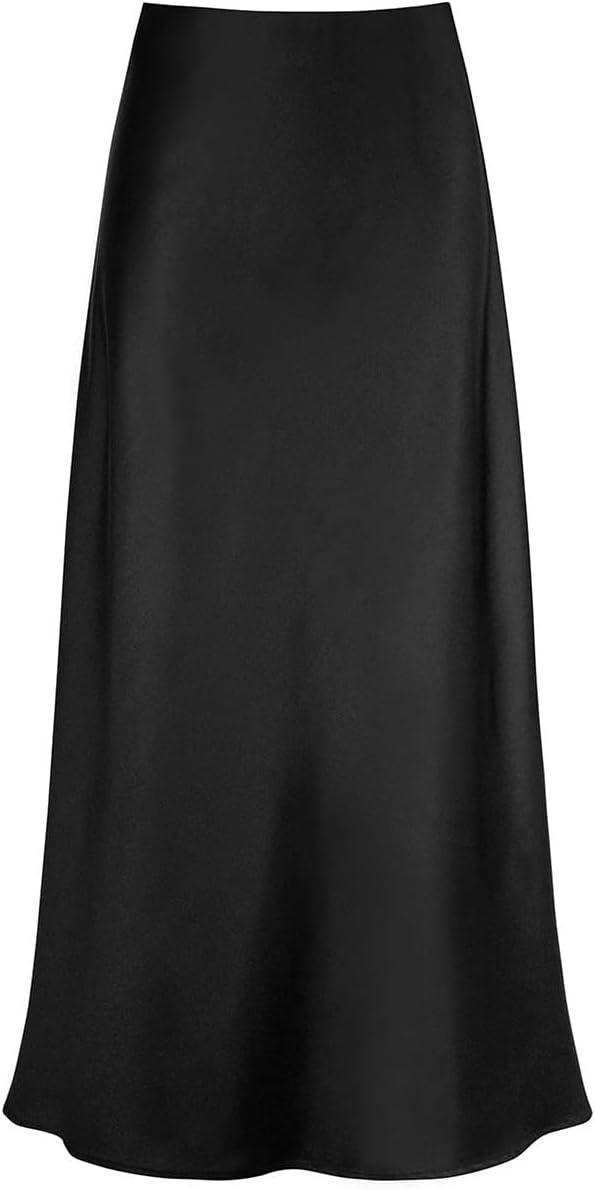 imageIDOPIP Women High Waist Satin Skirt Elegant Summer Long Maxi Skirt Formal Trendy Ruffle Work Skirts Elastic Casual Midi SkirtBlack