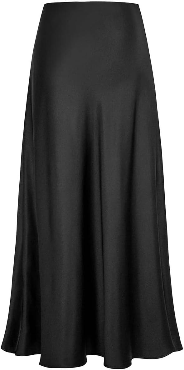 imageIDOPIP Women High Waist Satin Skirt Elegant Summer Long Maxi Skirt Formal Trendy Ruffle Work Skirts Elastic Casual Midi SkirtBlack