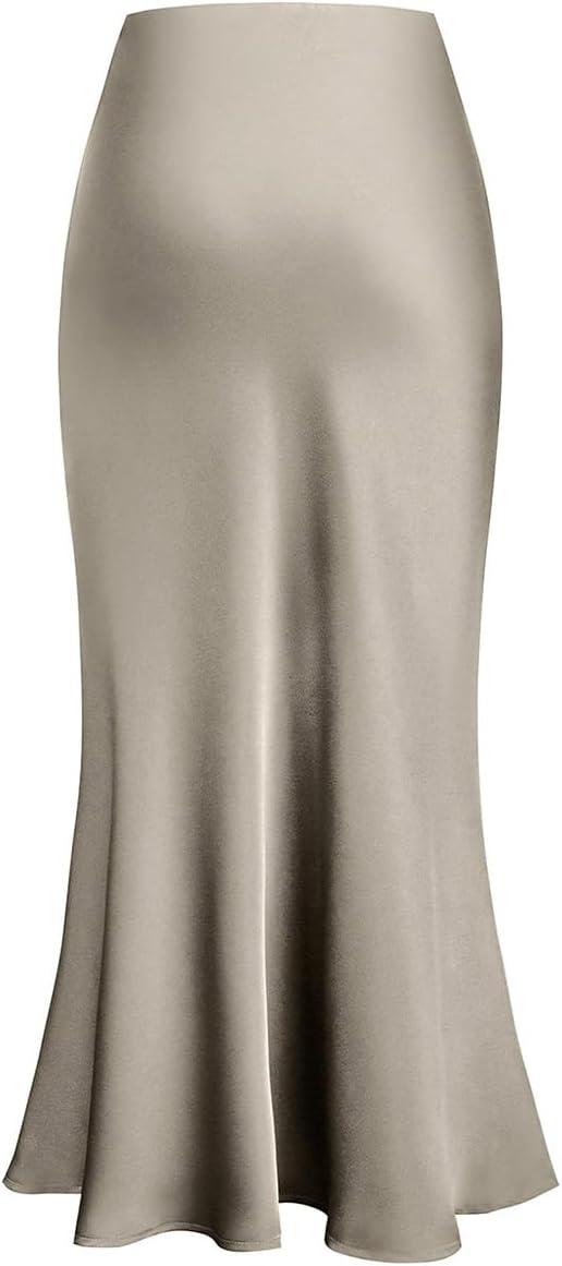 imageIDOPIP Women High Waist Satin Skirt Elegant Summer Long Maxi Skirt Formal Trendy Ruffle Work Skirts Elastic Casual Midi SkirtChampagne