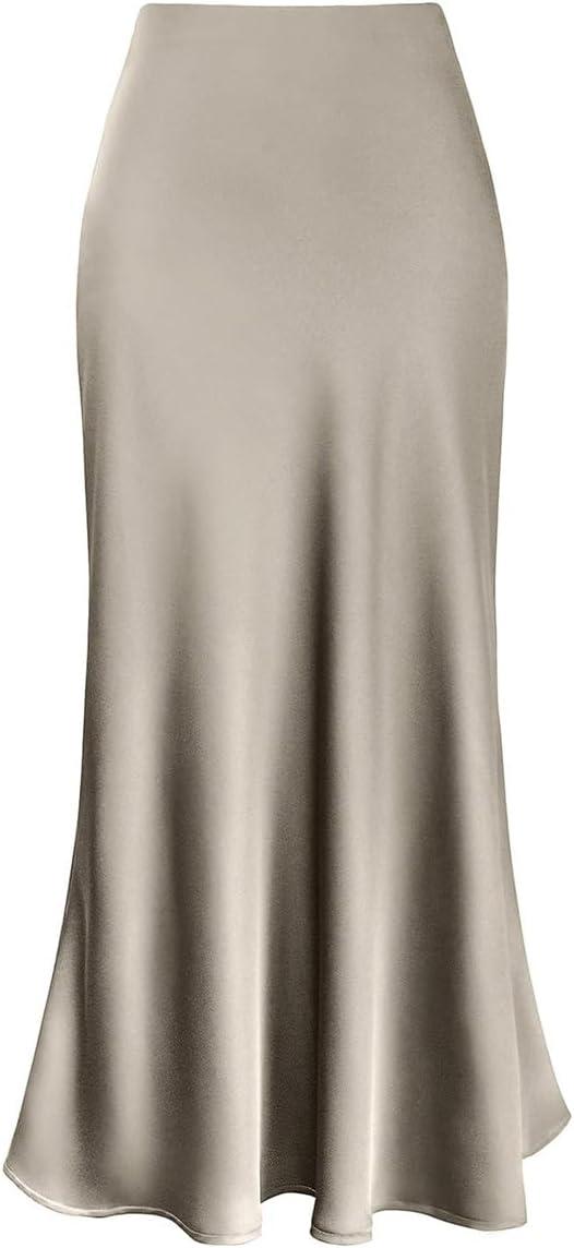 imageIDOPIP Women High Waist Satin Skirt Elegant Summer Long Maxi Skirt Formal Trendy Ruffle Work Skirts Elastic Casual Midi SkirtChampagne