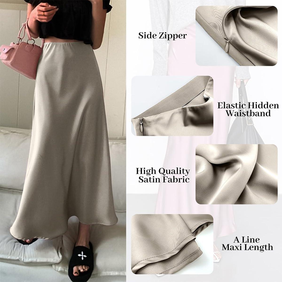 imageIDOPIP Women High Waist Satin Skirt Elegant Summer Long Maxi Skirt Formal Trendy Ruffle Work Skirts Elastic Casual Midi SkirtChampagne