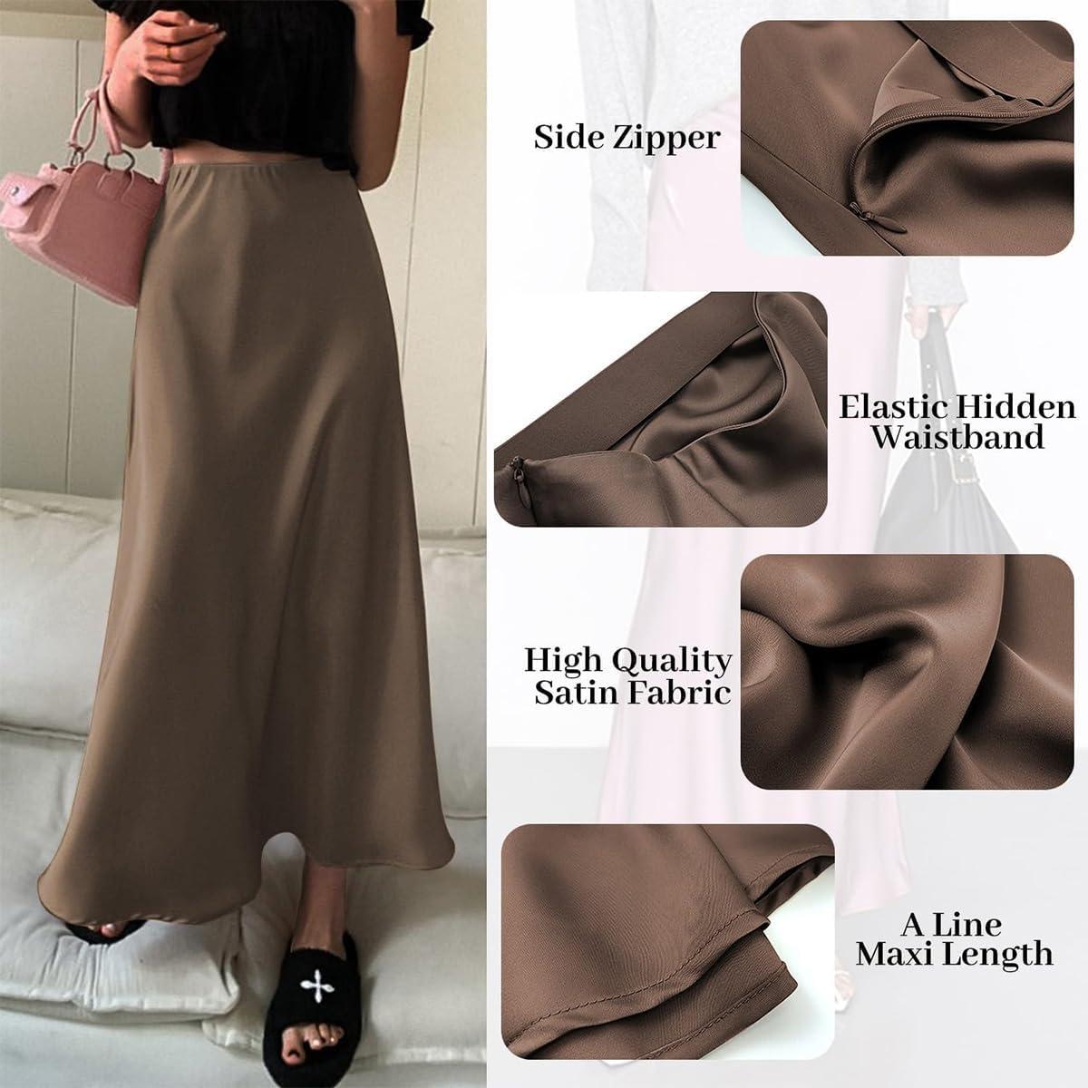 imageIDOPIP Women High Waist Satin Skirt Elegant Summer Long Maxi Skirt Formal Trendy Ruffle Work Skirts Elastic Casual Midi SkirtCoffee