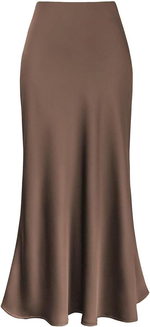 imageIDOPIP Women High Waist Satin Skirt Elegant Summer Long Maxi Skirt Formal Trendy Ruffle Work Skirts Elastic Casual Midi SkirtCoffee