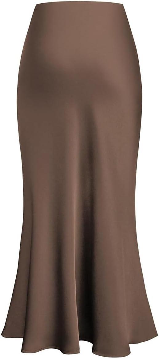 imageIDOPIP Women High Waist Satin Skirt Elegant Summer Long Maxi Skirt Formal Trendy Ruffle Work Skirts Elastic Casual Midi SkirtCoffee