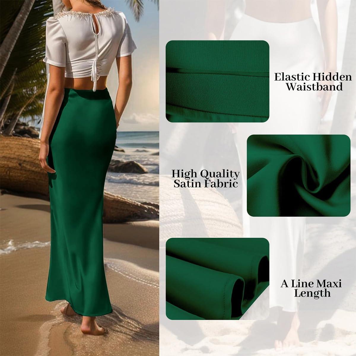 imageIDOPIP Women High Waist Satin Skirt Elegant Summer Long Maxi Skirt Formal Trendy Ruffle Work Skirts Elastic Casual Midi SkirtGreen