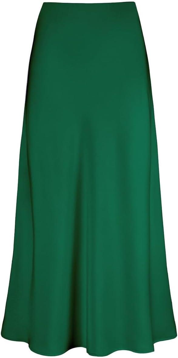 imageIDOPIP Women High Waist Satin Skirt Elegant Summer Long Maxi Skirt Formal Trendy Ruffle Work Skirts Elastic Casual Midi SkirtGreen