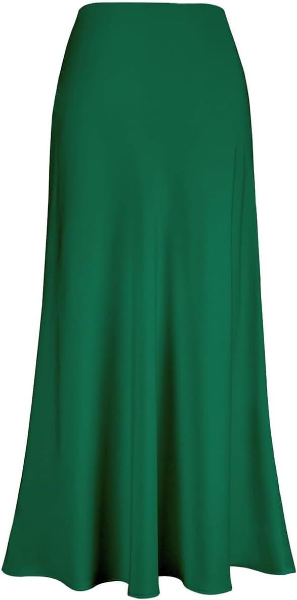 imageIDOPIP Women High Waist Satin Skirt Elegant Summer Long Maxi Skirt Formal Trendy Ruffle Work Skirts Elastic Casual Midi SkirtGreen
