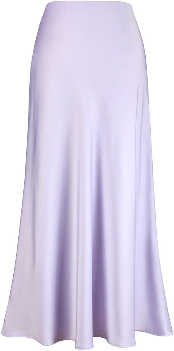 imageIDOPIP Women High Waist Satin Skirt Elegant Summer Long Maxi Skirt Formal Trendy Ruffle Work Skirts Elastic Casual Midi SkirtLight Purple