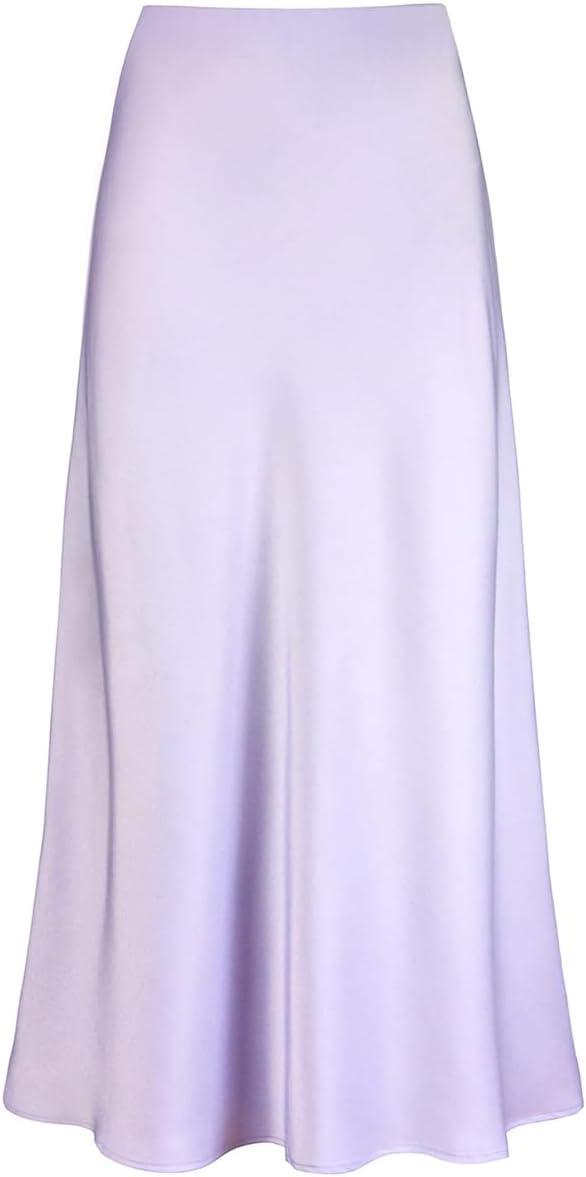 imageIDOPIP Women High Waist Satin Skirt Elegant Summer Long Maxi Skirt Formal Trendy Ruffle Work Skirts Elastic Casual Midi SkirtLight Purple