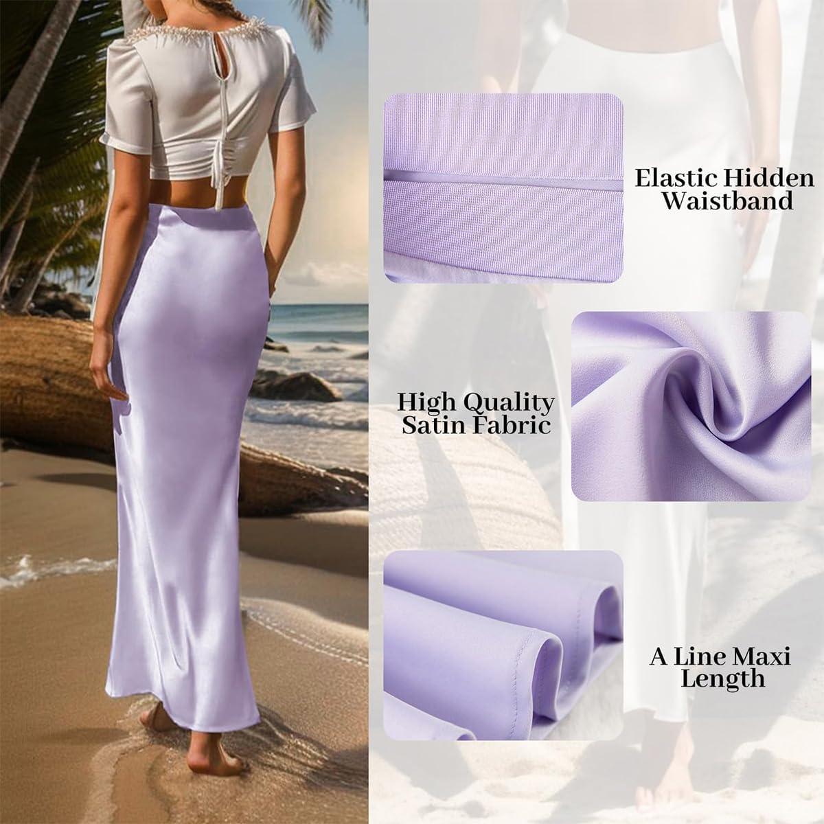 imageIDOPIP Women High Waist Satin Skirt Elegant Summer Long Maxi Skirt Formal Trendy Ruffle Work Skirts Elastic Casual Midi SkirtLight Purple