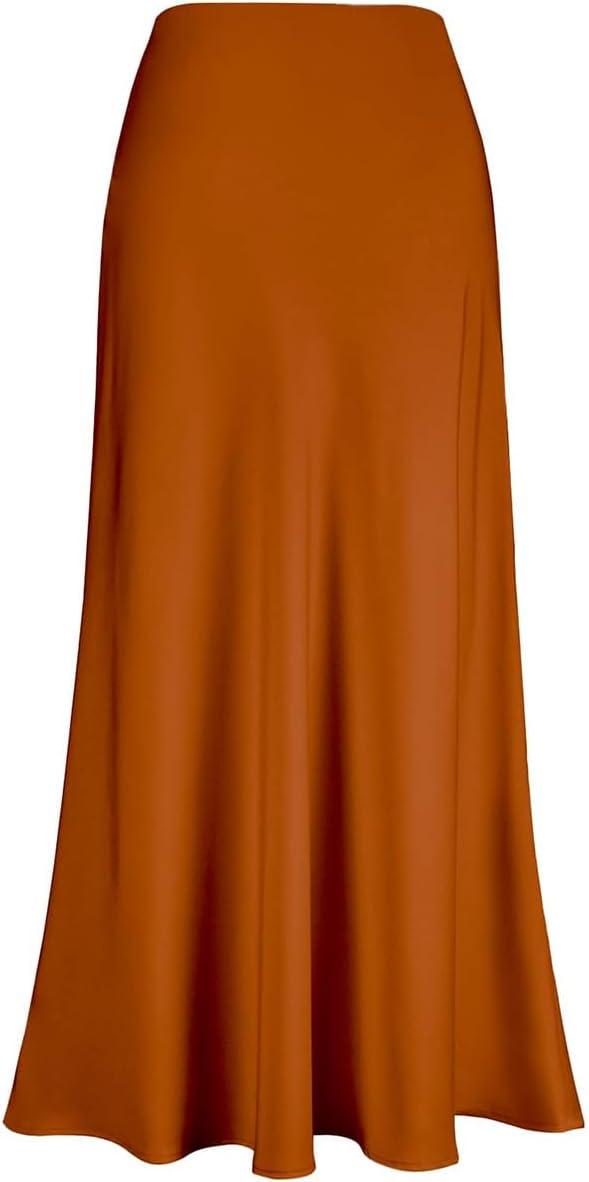 imageIDOPIP Women High Waist Satin Skirt Elegant Summer Long Maxi Skirt Formal Trendy Ruffle Work Skirts Elastic Casual Midi SkirtOrange