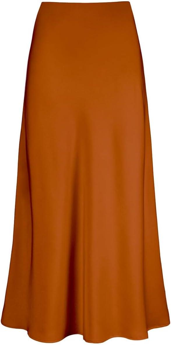 imageIDOPIP Women High Waist Satin Skirt Elegant Summer Long Maxi Skirt Formal Trendy Ruffle Work Skirts Elastic Casual Midi SkirtOrange