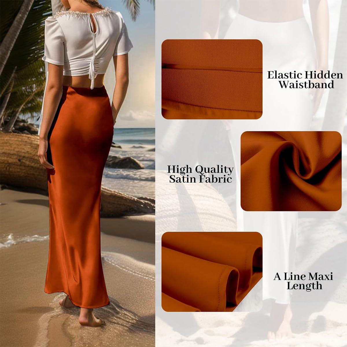 imageIDOPIP Women High Waist Satin Skirt Elegant Summer Long Maxi Skirt Formal Trendy Ruffle Work Skirts Elastic Casual Midi SkirtOrange
