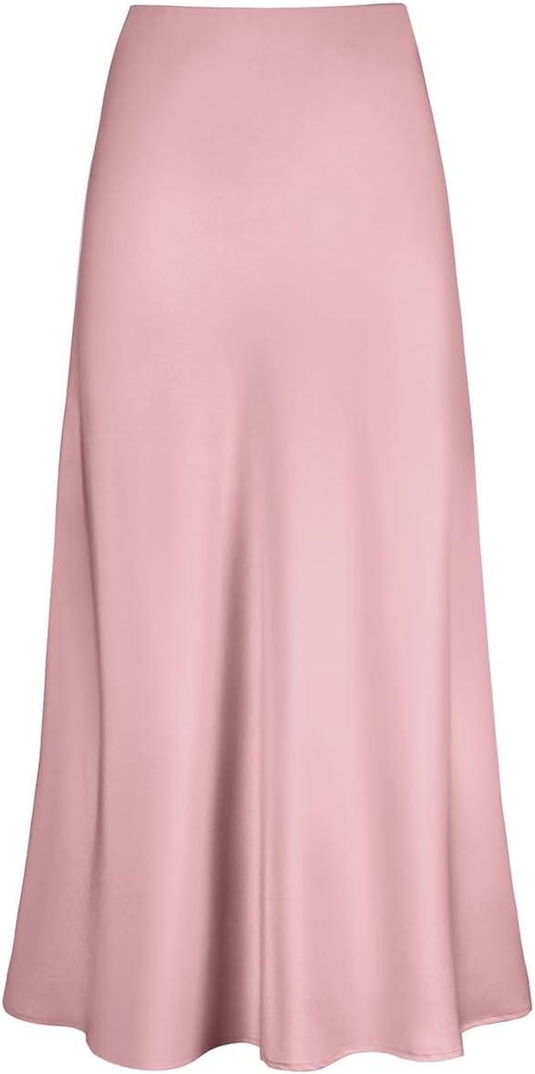 imageIDOPIP Women High Waist Satin Skirt Elegant Summer Long Maxi Skirt Formal Trendy Ruffle Work Skirts Elastic Casual Midi SkirtPink
