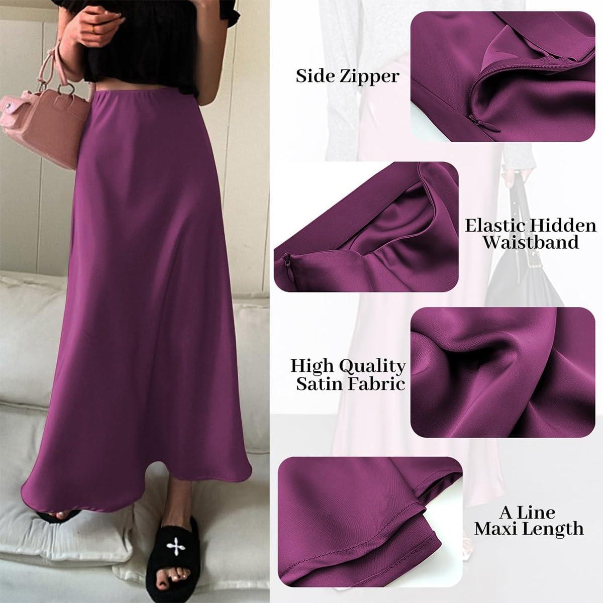 imageIDOPIP Women High Waist Satin Skirt Elegant Summer Long Maxi Skirt Formal Trendy Ruffle Work Skirts Elastic Casual Midi SkirtPurple