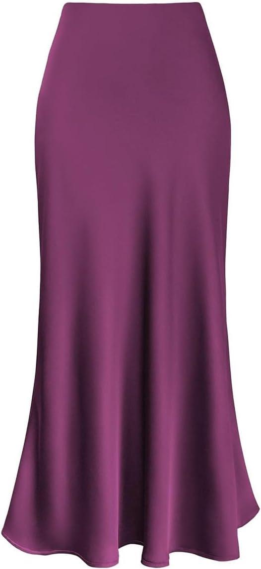 imageIDOPIP Women High Waist Satin Skirt Elegant Summer Long Maxi Skirt Formal Trendy Ruffle Work Skirts Elastic Casual Midi SkirtPurple