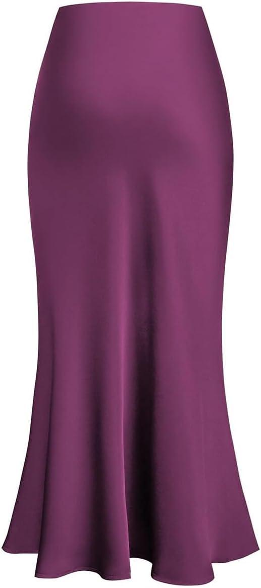 imageIDOPIP Women High Waist Satin Skirt Elegant Summer Long Maxi Skirt Formal Trendy Ruffle Work Skirts Elastic Casual Midi SkirtPurple