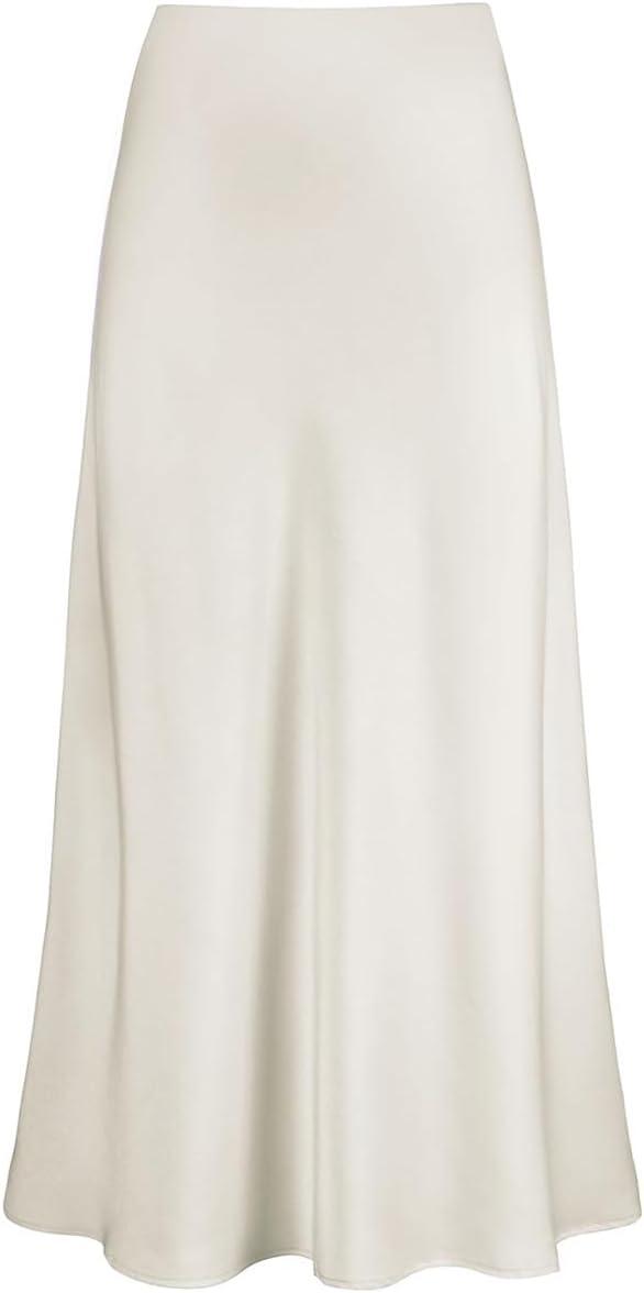 imageIDOPIP Women High Waist Satin Skirt Elegant Summer Long Maxi Skirt Formal Trendy Ruffle Work Skirts Elastic Casual Midi SkirtWhite