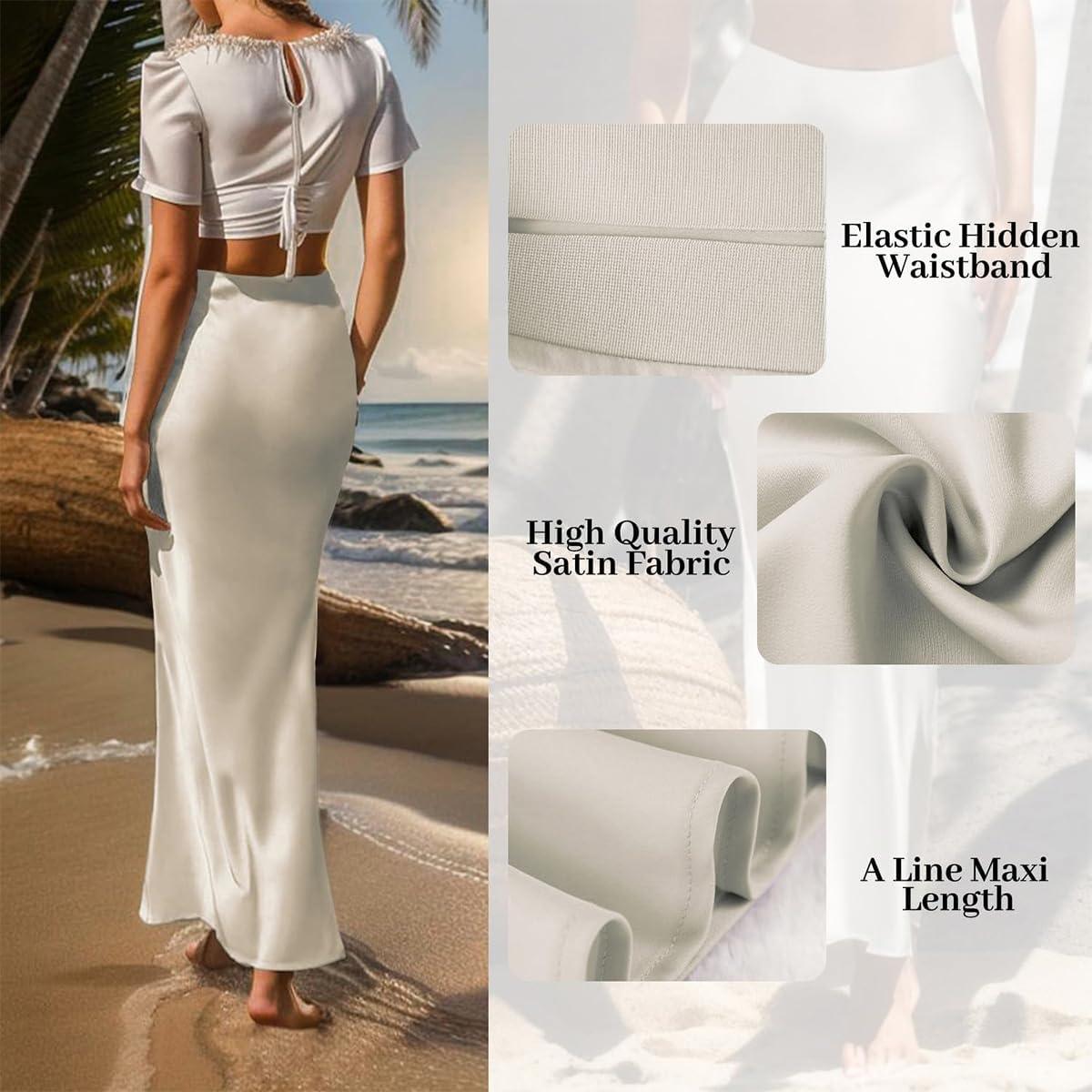 imageIDOPIP Women High Waist Satin Skirt Elegant Summer Long Maxi Skirt Formal Trendy Ruffle Work Skirts Elastic Casual Midi SkirtWhite