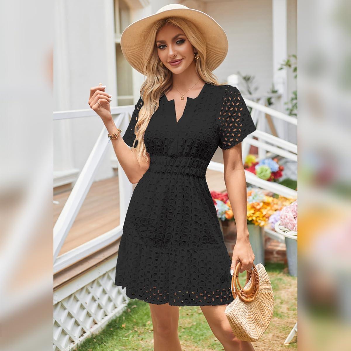 imageIDOPIP Women Short Sleeve Hollow Out Mini Dress Summer Casual Ruffle Dress Aline V Neck Sundress Beach Lace Vacation DressBlack