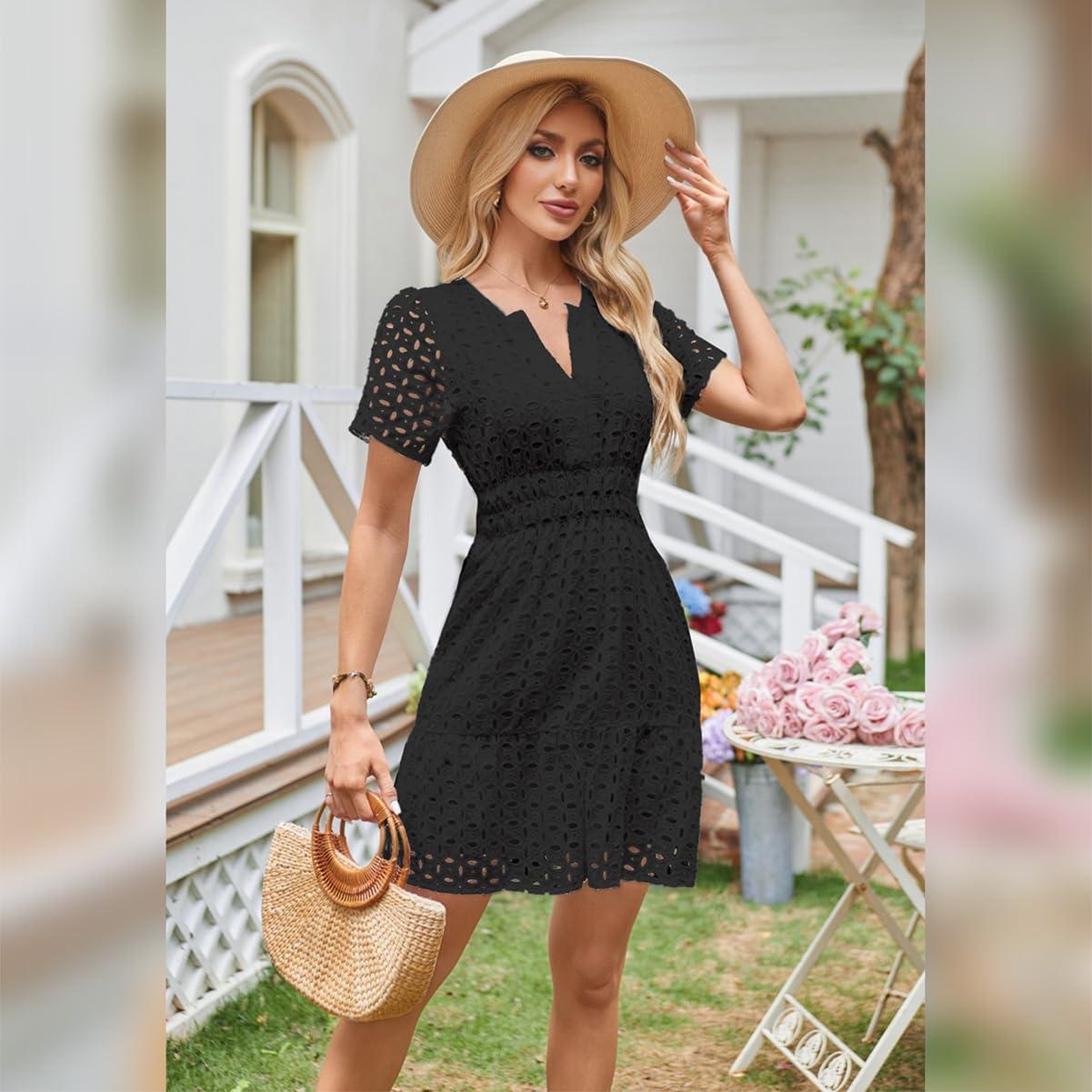 imageIDOPIP Women Short Sleeve Hollow Out Mini Dress Summer Casual Ruffle Dress Aline V Neck Sundress Beach Lace Vacation DressBlack