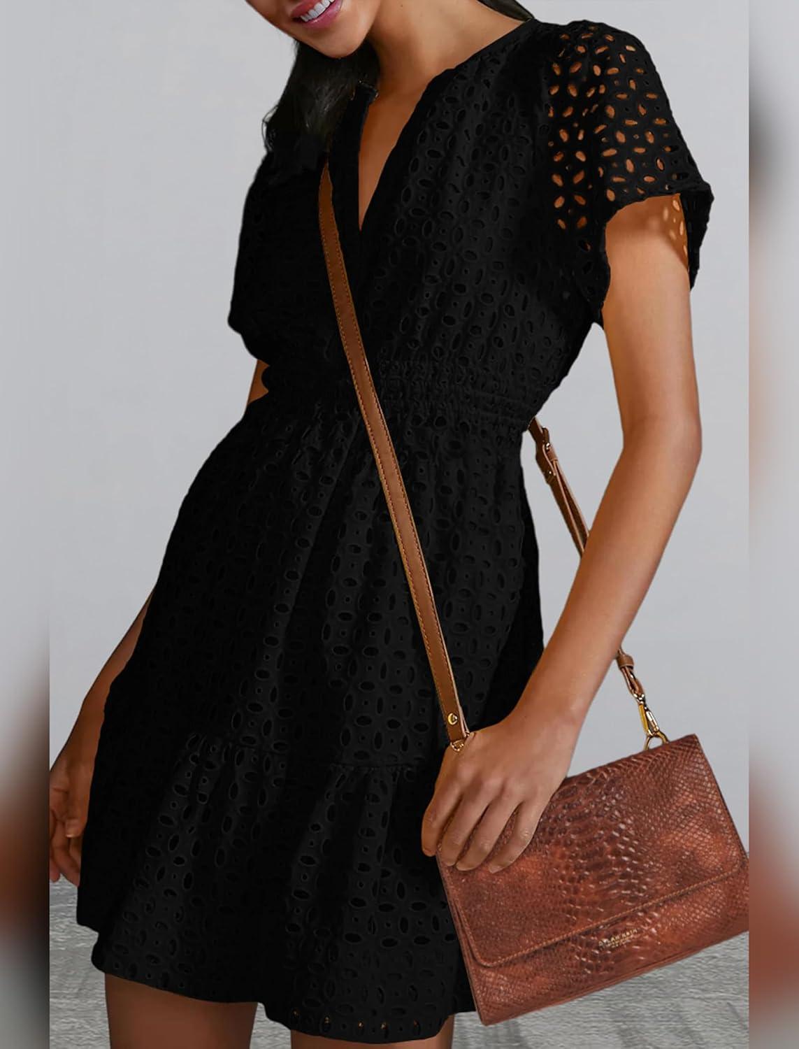 imageIDOPIP Women Short Sleeve Hollow Out Mini Dress Summer Casual Ruffle Dress Aline V Neck Sundress Beach Lace Vacation DressBlack