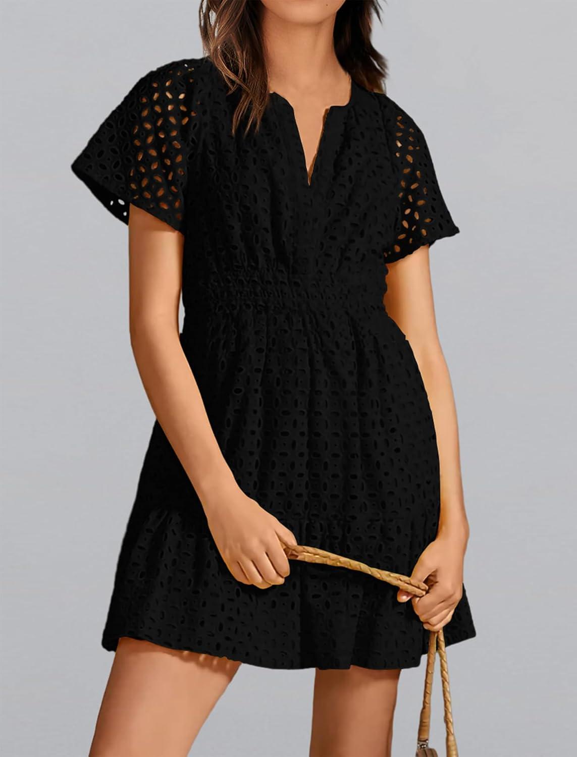 imageIDOPIP Women Short Sleeve Hollow Out Mini Dress Summer Casual Ruffle Dress Aline V Neck Sundress Beach Lace Vacation DressBlack