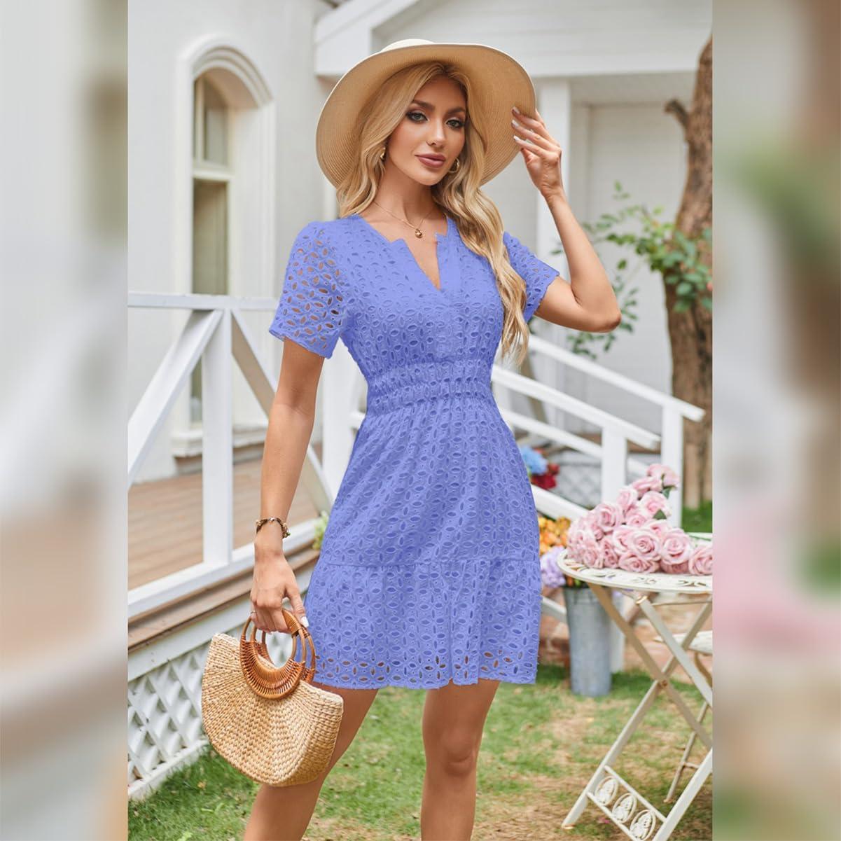 imageIDOPIP Women Short Sleeve Hollow Out Mini Dress Summer Casual Ruffle Dress Aline V Neck Sundress Beach Lace Vacation DressBlue
