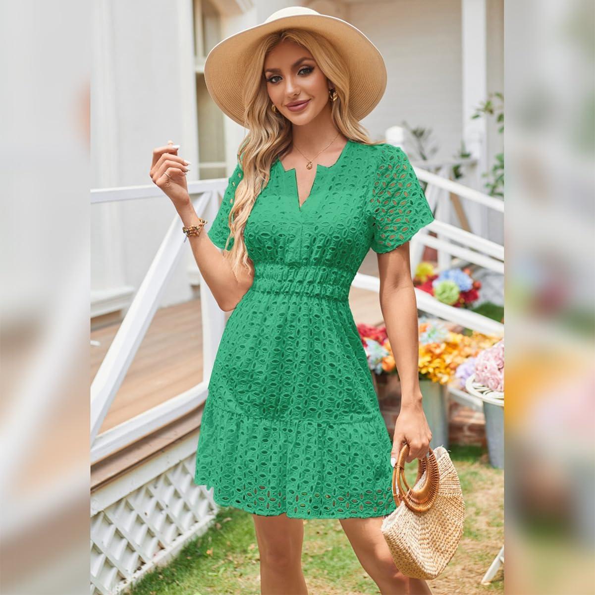 imageIDOPIP Women Short Sleeve Hollow Out Mini Dress Summer Casual Ruffle Dress Aline V Neck Sundress Beach Lace Vacation DressGreen