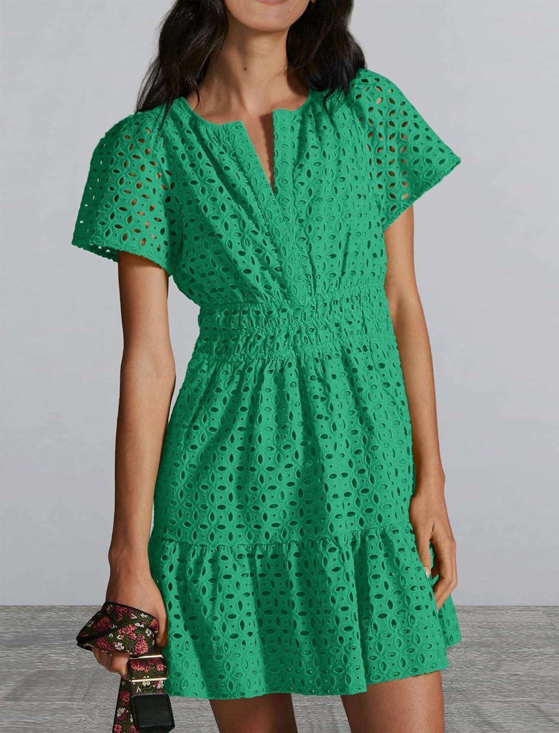 imageIDOPIP Women Short Sleeve Hollow Out Mini Dress Summer Casual Ruffle Dress Aline V Neck Sundress Beach Lace Vacation DressGreen