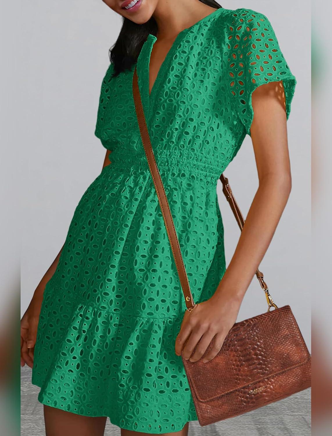 imageIDOPIP Women Short Sleeve Hollow Out Mini Dress Summer Casual Ruffle Dress Aline V Neck Sundress Beach Lace Vacation DressGreen