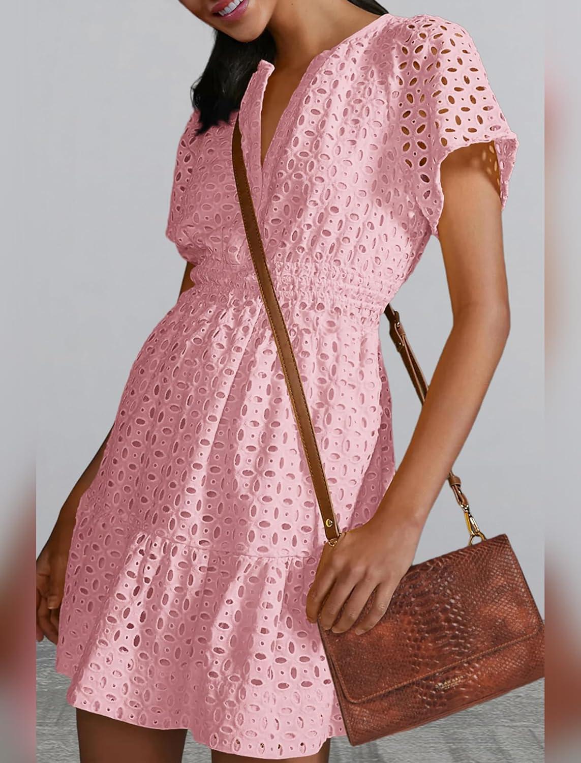 imageIDOPIP Women Short Sleeve Hollow Out Mini Dress Summer Casual Ruffle Dress Aline V Neck Sundress Beach Lace Vacation DressPink