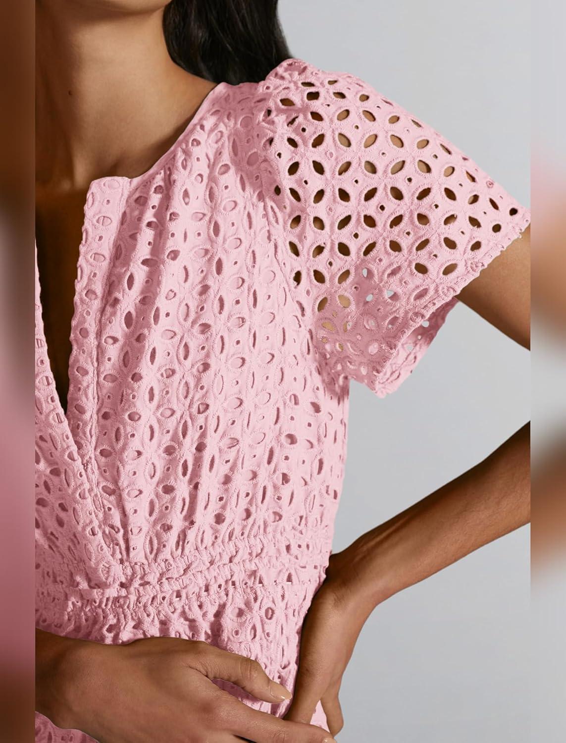 imageIDOPIP Women Short Sleeve Hollow Out Mini Dress Summer Casual Ruffle Dress Aline V Neck Sundress Beach Lace Vacation DressPink
