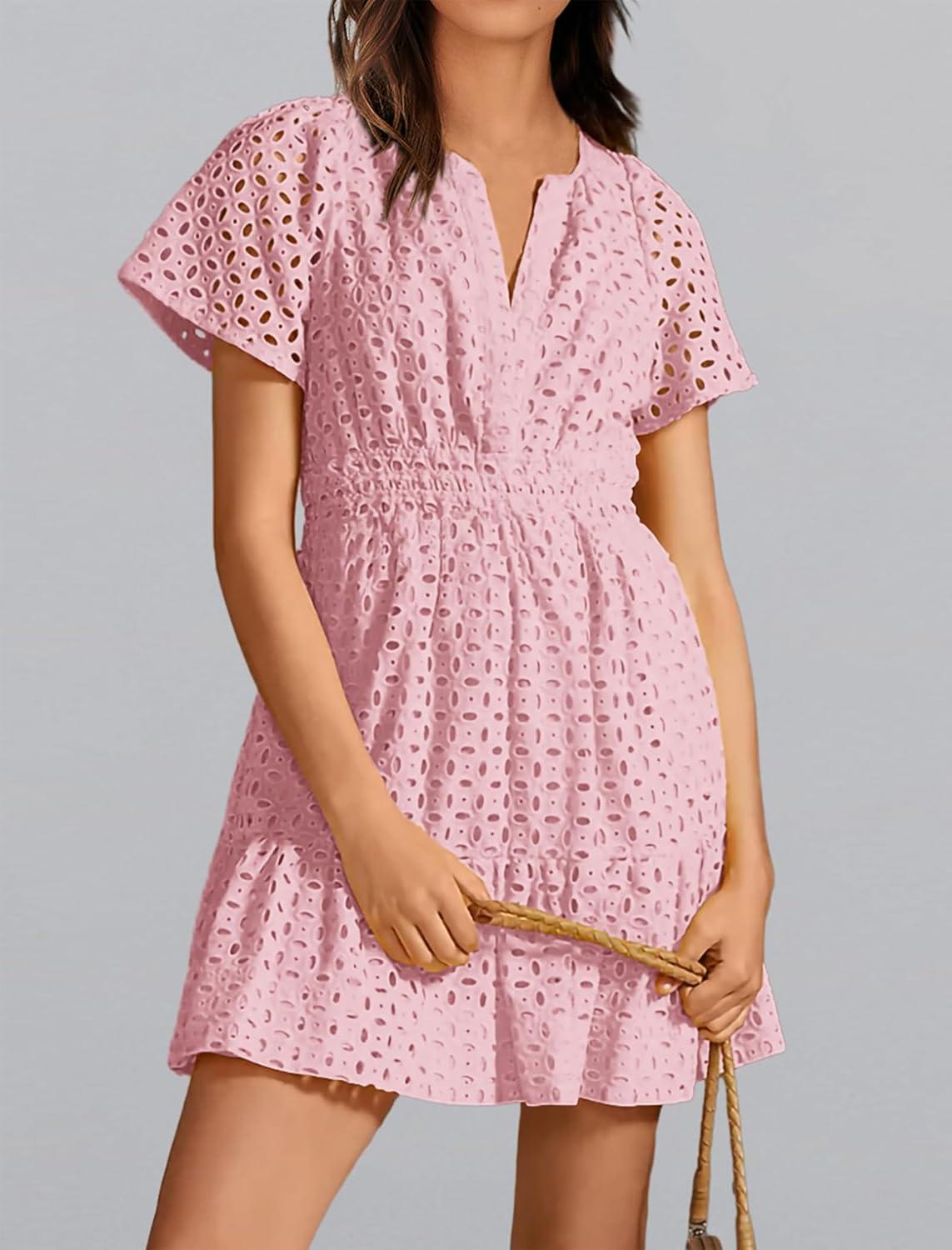 imageIDOPIP Women Short Sleeve Hollow Out Mini Dress Summer Casual Ruffle Dress Aline V Neck Sundress Beach Lace Vacation DressPink