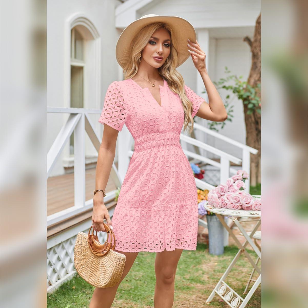 imageIDOPIP Women Short Sleeve Hollow Out Mini Dress Summer Casual Ruffle Dress Aline V Neck Sundress Beach Lace Vacation DressPink