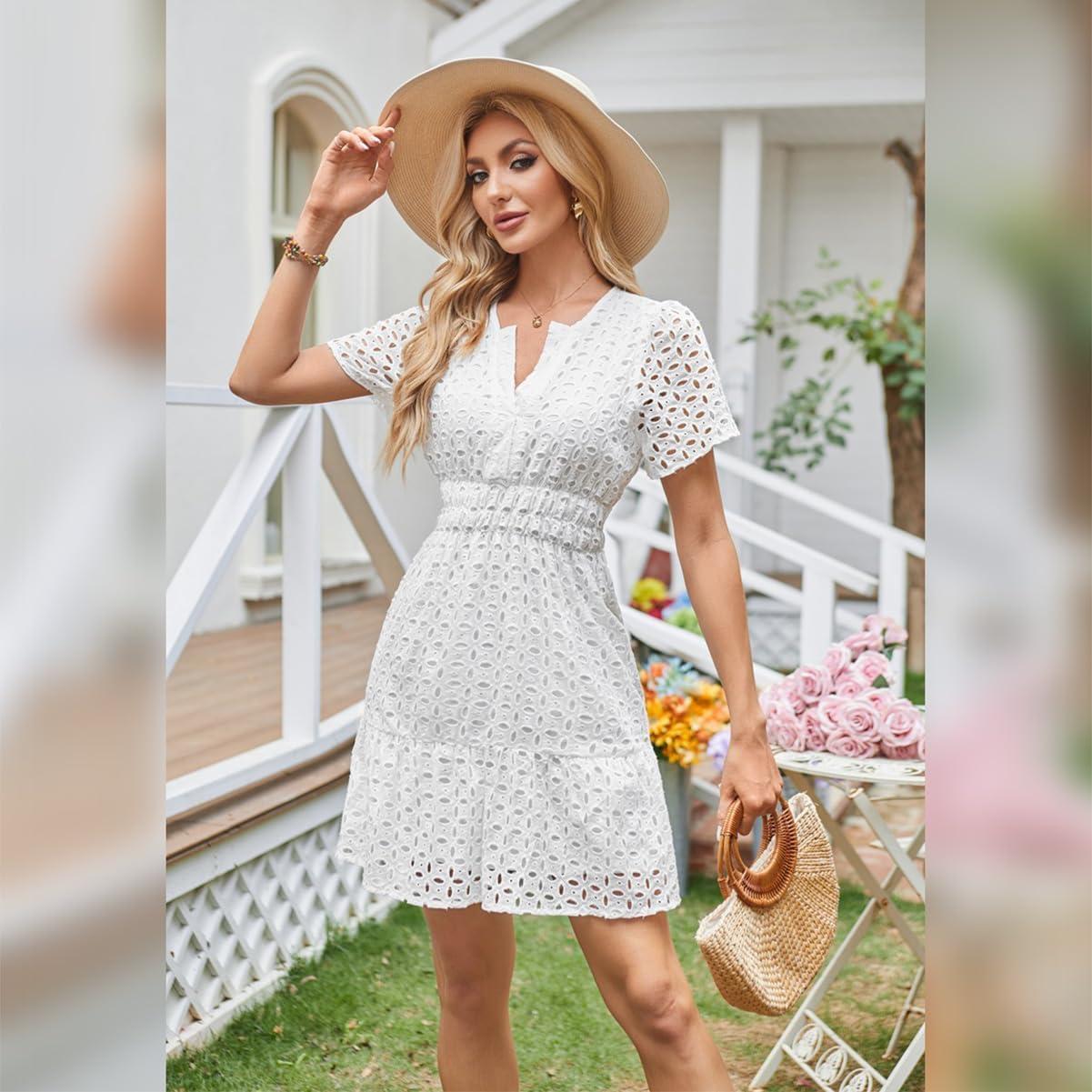 imageIDOPIP Women Short Sleeve Hollow Out Mini Dress Summer Casual Ruffle Dress Aline V Neck Sundress Beach Lace Vacation DressWhite